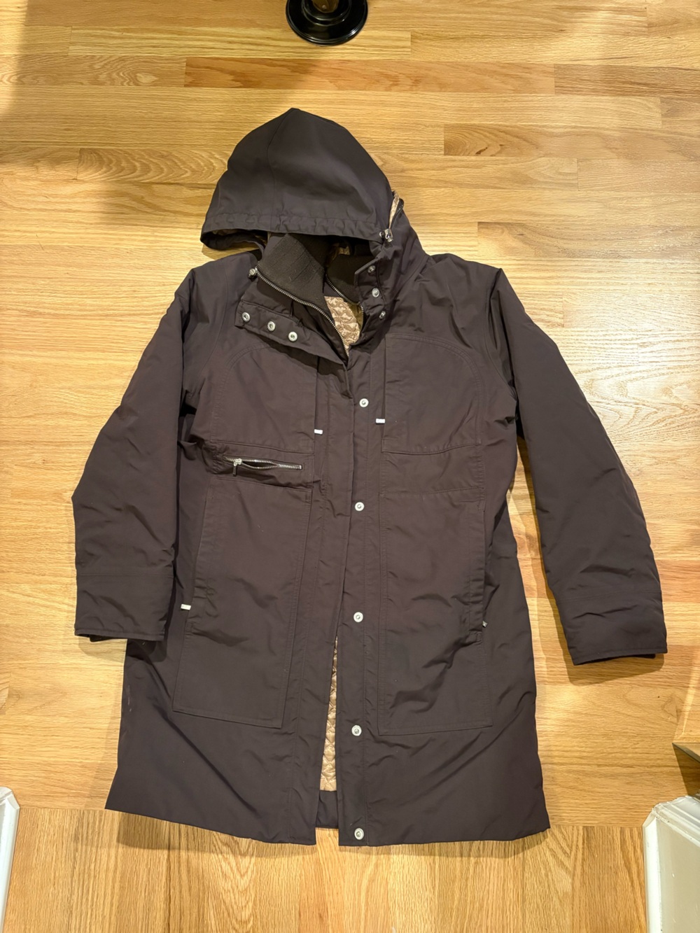Lands End Women’s Brown Hooded Coat with Gold Quilted Lining Sz S